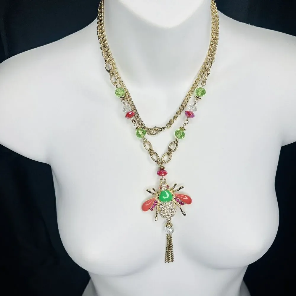 Whimsical BUMBLE BEE Pink Green Rhinestone Enamel Crystal Pendant Necklace